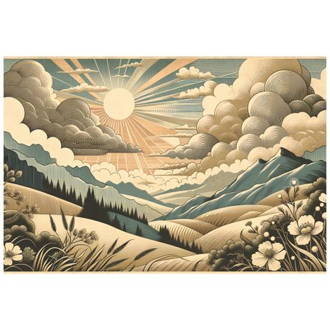TAPETE RETRO-LANDSCHAFT MIT BERGEN UND SONNE - TAPETEN MIT BERGMOTIVEN - TAPETEN
