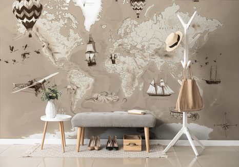 TAPETA BÉŽOVÁ KRESLENÁ MAPA S PLAVIDLY - TAPETY MAPY - TAPETY