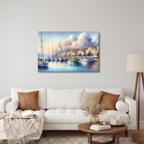 WANDBILD RUHIGER HAFEN BEI SONNENAUFGANG - BILDER MEER UND STRAND - BILDER