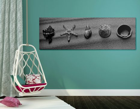 OBRAZ MUSZLE NA PIASZCZYSTEJ PLAŻY W WERSJI CZARNO-BIAŁEJ - OBRAZY CZARNO-BIAŁE - OBRAZY