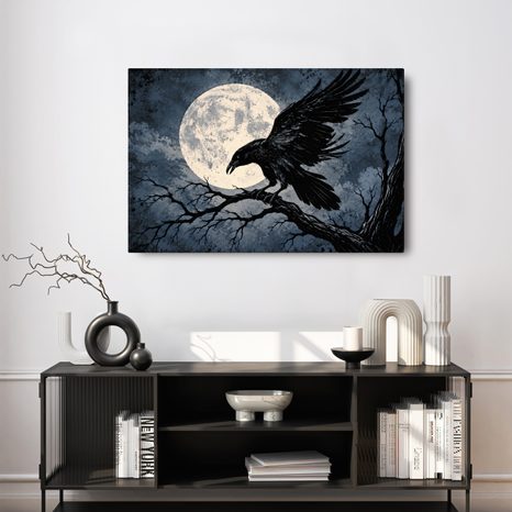 QUADRO SU TELA – CORVO AL CHIARO DI LUNA - QUADRI HALLOWEEN E HORROR - STAMPE E QUADRI