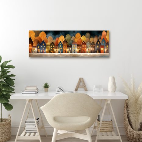 OBRAZ ZIMNÍ POHÁDKA U ŘEKY - BAREVNÉ DOMY - OBRAZY