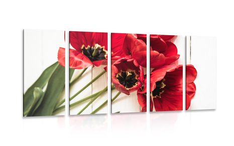 5-PIECE CANVAS PRINT BLOOMING RED TULIPS - PICTURES FLOWERS - PICTURES