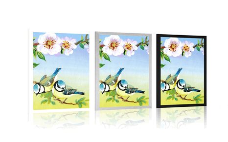 PLAGÁT SÝKORKY A KVITNÚCE KVETY - VINTAGE A RETRO - PLAGÁTY