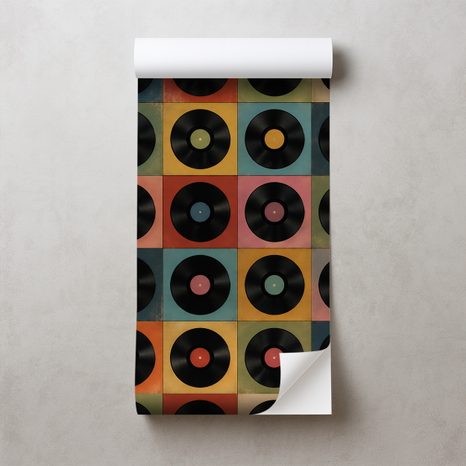 SELBSTKLEBENDE TAPETE RETRO-VINYLPLATTEN AUF BUNTEM HINTERGRUND - MUSIK FOTOTAPETEN - TAPETEN