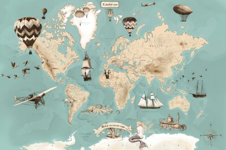 PAPIER PEINT ADHÉSIF – CARTE DESSINÉE BLEU ET BEIGE AVEC NAVIRES - PAPIERS PEINTS - 🔥 VENTE TOTALE