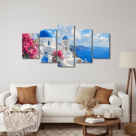 TABLEAU EN 5 PARTIES – MAISONS BLANCHES DE SANTORIN AU BORD DE LA MER - TABLEAUX DE LA MER ET DE LA PLAGE - TABLEAUX