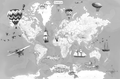 CARTA DA PARATI AUTOADESIVA – MAPPA DISEGNATA GRIGIO-BIANCA CON IMBARCAZIONI - CARTA DA PARATI AUTOADESIVE - CARTA DA PARATI