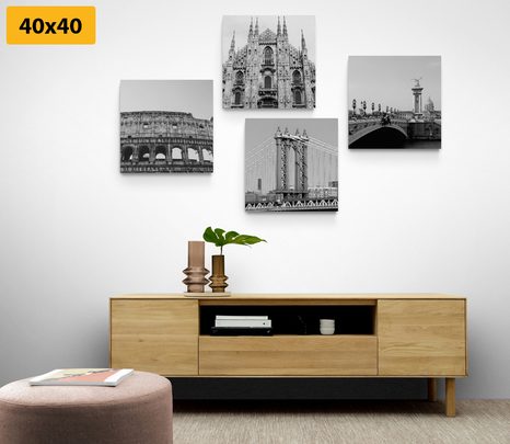 SET OBRAZŮ MĚSTA V ČERNOBÍLÉM PROVEDENÍ - SESTAVY OBRAZŮ - OBRAZY