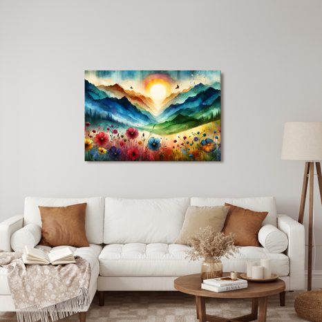 WANDBILD BERGE IN REGENBOGENFARBEN MIT WIESE - WANDBILDER FELDER UND WIESEN - BILDER