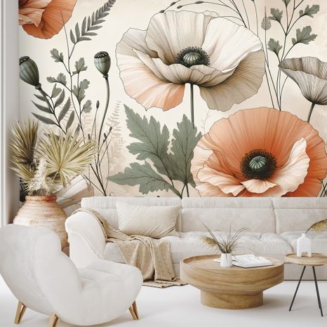 SAMOLEPÍCÍ TAPETA PASTELOVÉ MAKOVÉ KVĚTY - WALLPAPERS POPPIES - WALLPAPERS