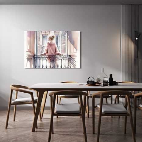 SLIKA DJEVOJKA U RUŽIČASTOM DŽEMPERU NA BALKONU - SLIKE ŽENY - SLIKE