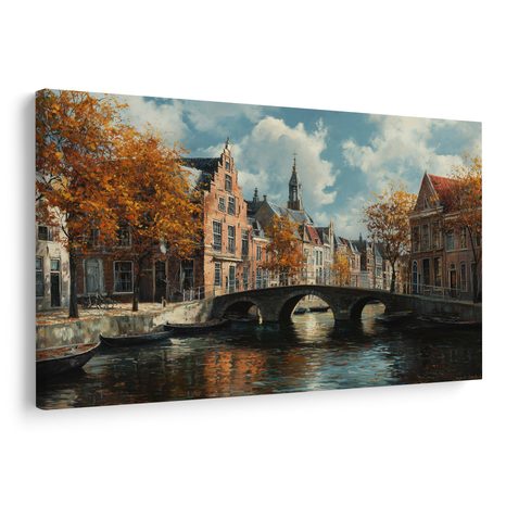 OBRAZ PODZIMNÍ KANÁL S MOSTEM - BAREVNÉ DOMY - OBRAZY