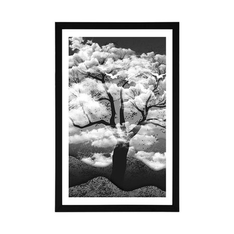POSTER WITH MOUNT BLACK AND WHITE TREE COVERED IN CLOUDS - BLACK AND WHITE - POSTERS