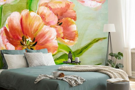 TAPETE ROTE TULPEN MIT HAUCH VON VINTAGE - TAPETEN IMITATION VON ÖLGEMÄLDE - TAPETEN