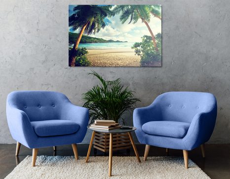 TABLEAU SUR TOILE – COUCHER DE SOLEIL SUR L'ÎLE DES SEYCHELLES - TABLEAUX DE LA NATURE ET DES PAYSAGES - TABLEAUX