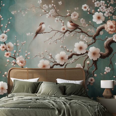 SAMOLEPÍCÍ TAPETA JEMNÉ KVĚTY A PTÁČCI NA VĚTVÍCH - WALLPAPERS - 🔥 TOTAL SALE 🔥