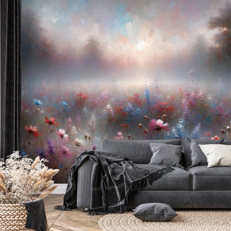 TAPETE ZARTE BLUMEN IM NEBELSCHLEIER - TAPETEN MIT BLUMENMOTIVEN - TAPETEN