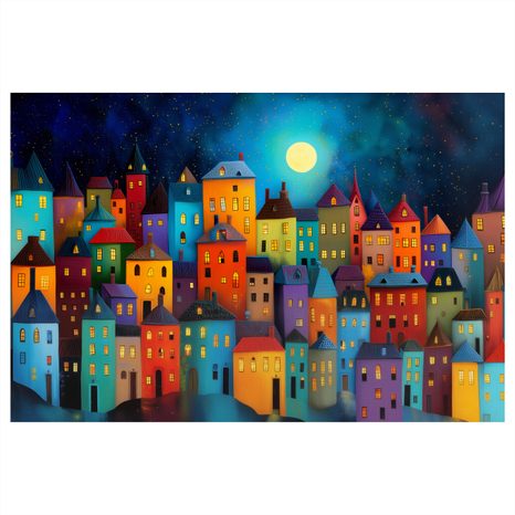 OBRAZ KOUZELNÁ NOC NAD MĚSTEM - BAREVNÉ DOMY - OBRAZY