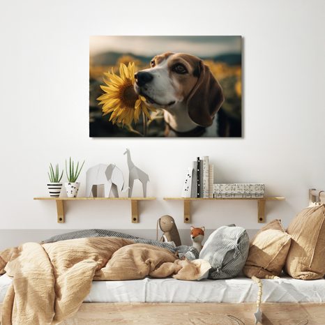 WANDBILD HUND UND SONNENBLUMEN IM FELD - BILDER VON HUNDEN - BILDER