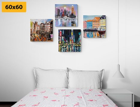 SET OBRAZŮ MĚSTA S IMITACÍ OLEJOMALBY - SESTAVY OBRAZŮ - OBRAZY