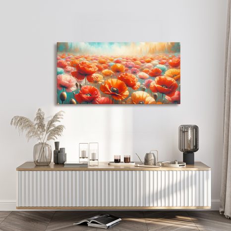 WANDBILD ROTE MOHNBLUMEN IN DER LANDSCHAFT - WANDBILDER FELDER UND WIESEN - BILDER