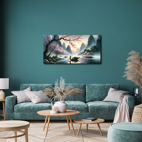 OBRAZ RYBÁŘI V HORÁCH PŘI ÚSVITU - OBRAZY JEZERA - OBRAZY