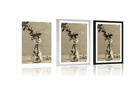 PLAKAT S PASPARTUOM GRANČICA TREŠNJE U VAZI U SEPIJASTOM TONU - CRNO-BIJELE - PLAKATI