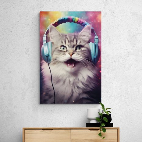 STAMPA SU TELA – GATTO CON CUFFIE - QUADRI DI ANIMALI DA FESTA CON LE CUFFIE - STAMPE E QUADRI