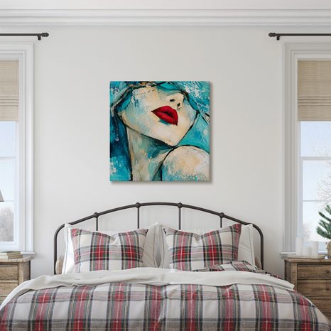 TABLEAU SUR TOILE – VISAGE FÉMININ ABSTRAIT EN TURQUOISE - TABLEAUX DE FEMMES - TABLEAUX
