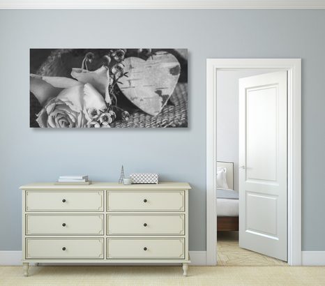 STAMPA SU TELA – ROSE E CUORE IN STILE VINTAGE IN BIANCO E NERO - QUADRI BIANCO E NERO - STAMPE E QUADRI