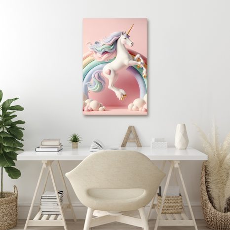 QUADRO SU TELA – MONDO ROSA CON UNICORNO E ARCOBALENO - QUADRI PER BAMBINI ANIMALI - STAMPE E QUADRI