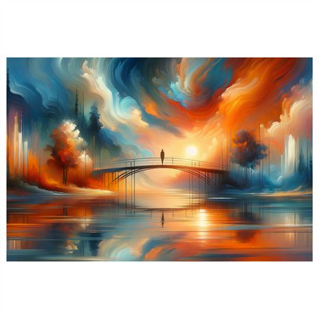 WANDBILD SILHOUETTE AUF BRÜCKE BEI SONNENUNTERGANG - BILDER VON SONNENAUFGANG UND SONNENUNTERGANG - BILDER