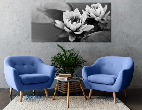CANVAS PRINT LOTUS FLOWER IN THE LAKE IN BLACK AND WHITE - BLACK AND WHITE PICTURES - PICTURES
