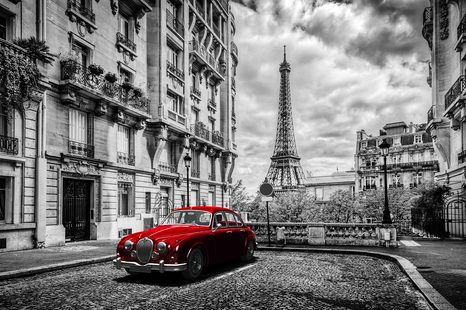 SELBSTKLEBENDE FOTOTAPETE ROTER OLDTIMER IN PARIS - SELBSTKLEBENDE TAPETEN - TAPETEN