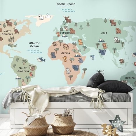 FOTOTAPETA DĚTSKÁ MAPA SVĚTA SE ZVÍŘATY - DĚTSKÉ TAPETY - TAPETY