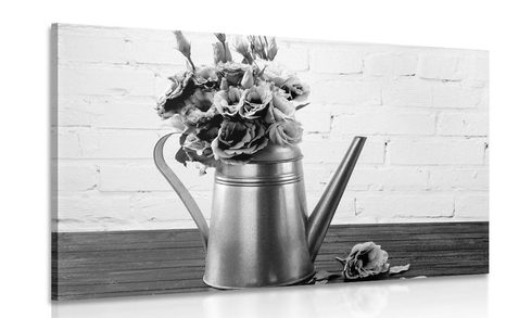 CANVAS PRINT BOUQUET OF FLOWERS IN A WATERING-CAN IN BLACK AND WHITE