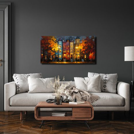 OBRAZ VEČERNÍ MĚSTSKÁ SCENÉRIE - BAREVNÉ DOMY - OBRAZY