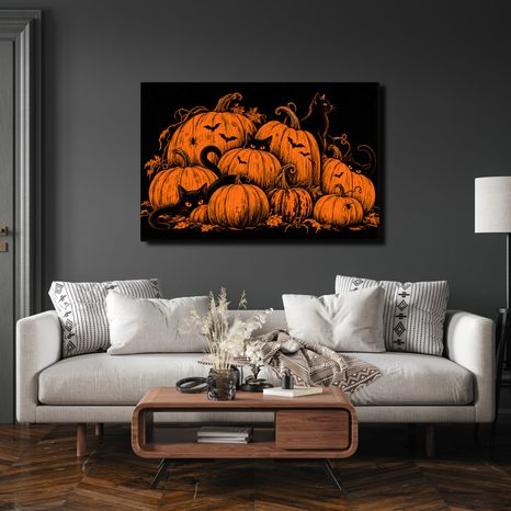 QUADRO SU TELA – ZUCCHE DI HALLOWEEN CON GATTI NERI - QUADRI HALLOWEEN E HORROR - STAMPE E QUADRI