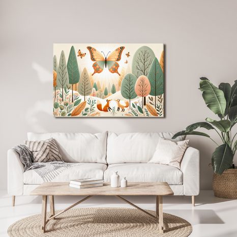 WANDBILD FÜCHSE UNTER FLIEGENDEM SCHMETTERLING - KINDERBILDER TIERE - BILDER