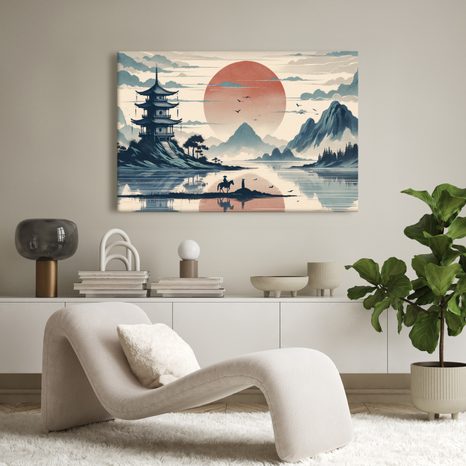 OBRAZ JAPONSKÁ KRAJINA S JEZDCEM - OBRAZY VÝCHOD A ZÁPAD SLUNCE - OBRAZY