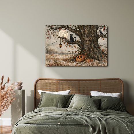WANDBILD LEBENSBAUM MIT SCHWARZER KATZE - HALLOWEEN- UND HORROR-BILDER - BILDER