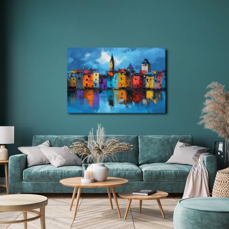 OBRAZ BAREVNÁ MĚSTSKÁ PANORÁMA - BAREVNÉ DOMY - OBRAZY