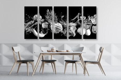 5-TEILIGES WANDBILD BIO-OBST UND GEMÜSE IN SCHWARZ-WEISS - SCHWARZ-WEISSE BILDER - BILDER