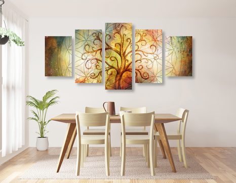TABLEAU EN 5 PARTIES – ARBRE AVEC FLEUR DE VIE - TABLEAUX ARBRES DE VIE - TABLEAUX