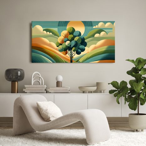 WANDBILD VOM LEBENSBAUM IN HARMONIE MIT DER SONNE - BILDER BÄUME UND LAUB - BILDER