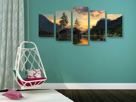 5-CZĘŚCIOWY OBRAZ GÓRSKI KRAJOBRAZ NAD JEZIOREM - OBRAZY PRZYRODY I KRAJOBRAZY - OBRAZY
