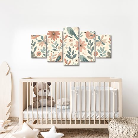 5-TEILIGES WANDBILD VÖGEL ZWISCHEN BLUMEN - BILDER BLUMEN - BILDER