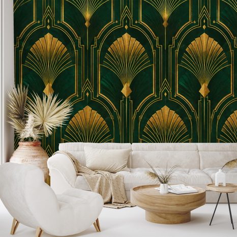 FOTÓTAPÉTA ARANY ART DECO LEGYEZŐK ZÖLD ALAPON - MINTÁS TAPÉTÁK - TAPÉTÁK