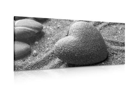 CANVAS PRINT ZEN STONE IN THE SHAPE OF A HEART IN BLACK AND WHITE - BLACK AND WHITE PICTURES - PICTURES